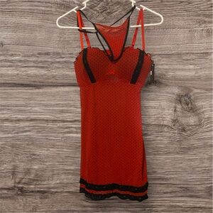 Red and Black Lace Trim Chemise with Plunging V-Neck